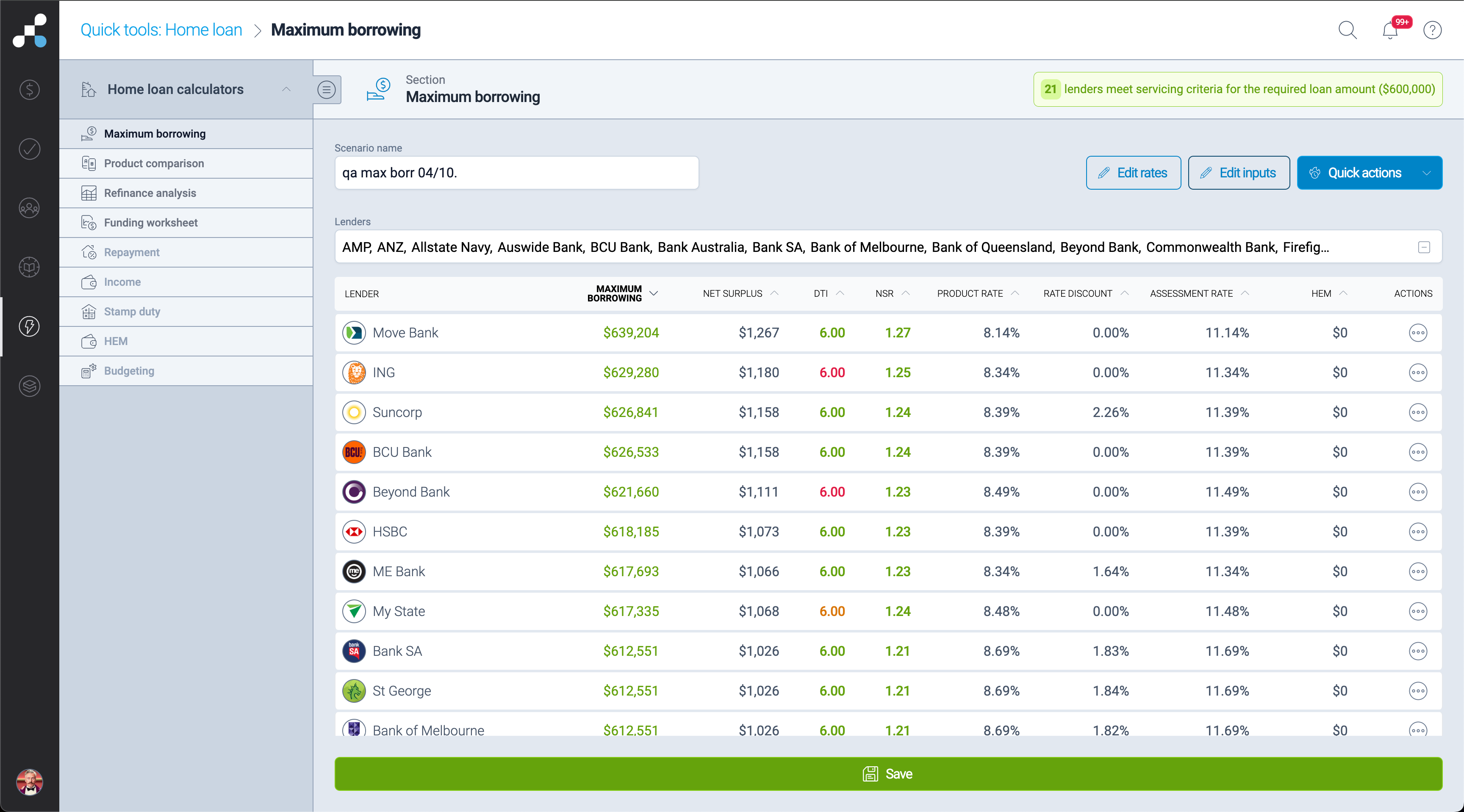 Ipad mock up for Salestrekker CRM showing the results for borrowing capacity under the quick tools tab Salestrekker CRM quick tools, maximum borrowing